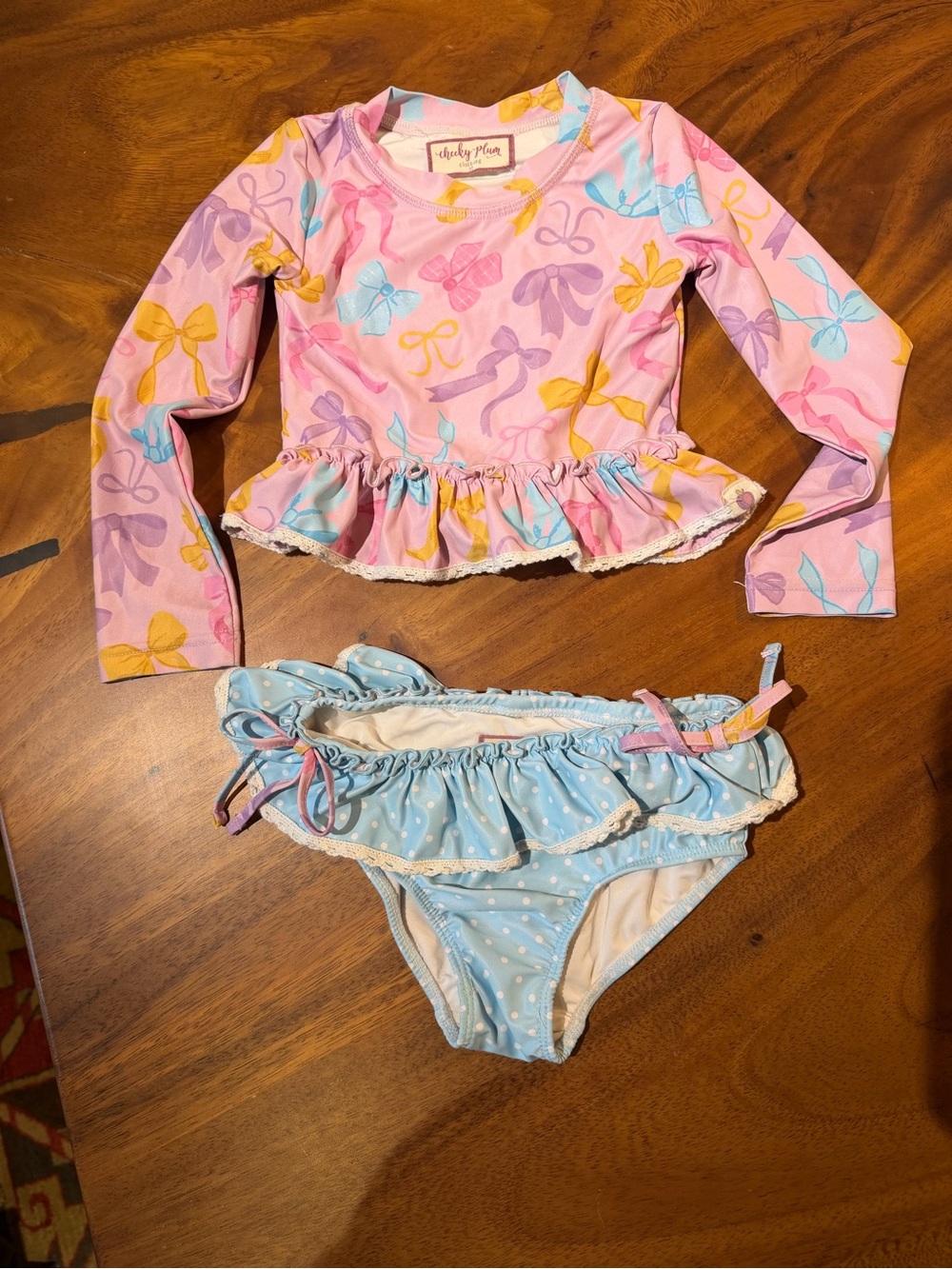 cheeky plum Pink Long-Sleeve Rashguard Set with Blue Polka Dot Bottoms
